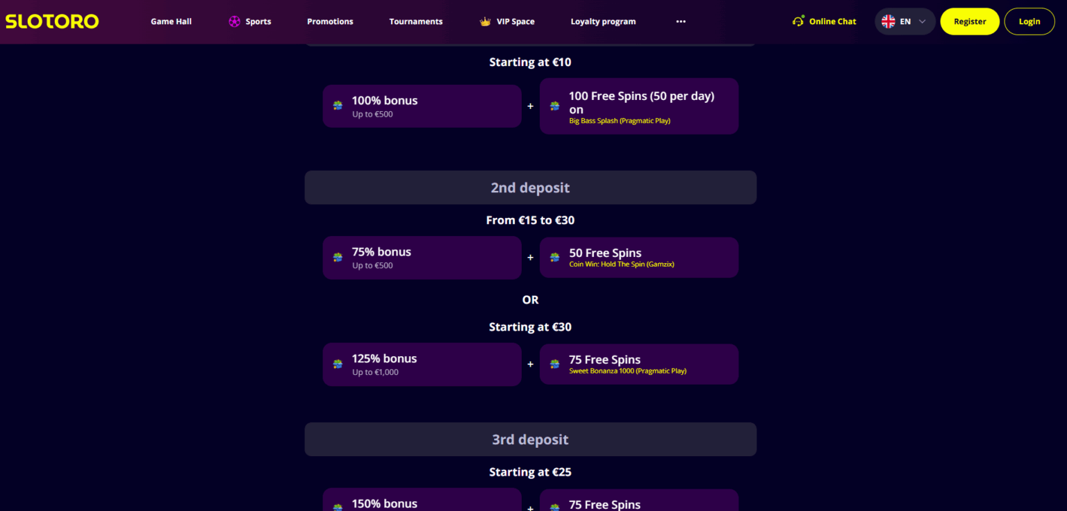 play Slotoro Casino welcome package promotion